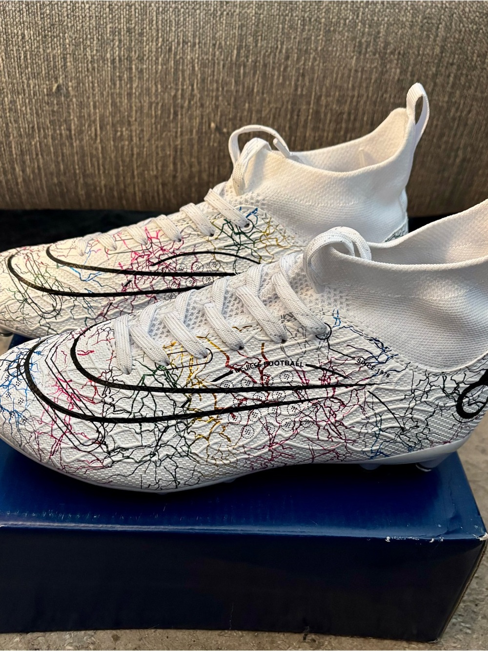 Kids White Multi-Color Graphic Soccer Cleats